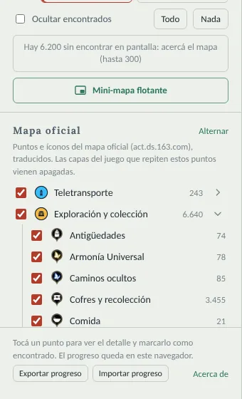 Panel de capas con el grupo Exploración y colección abierto