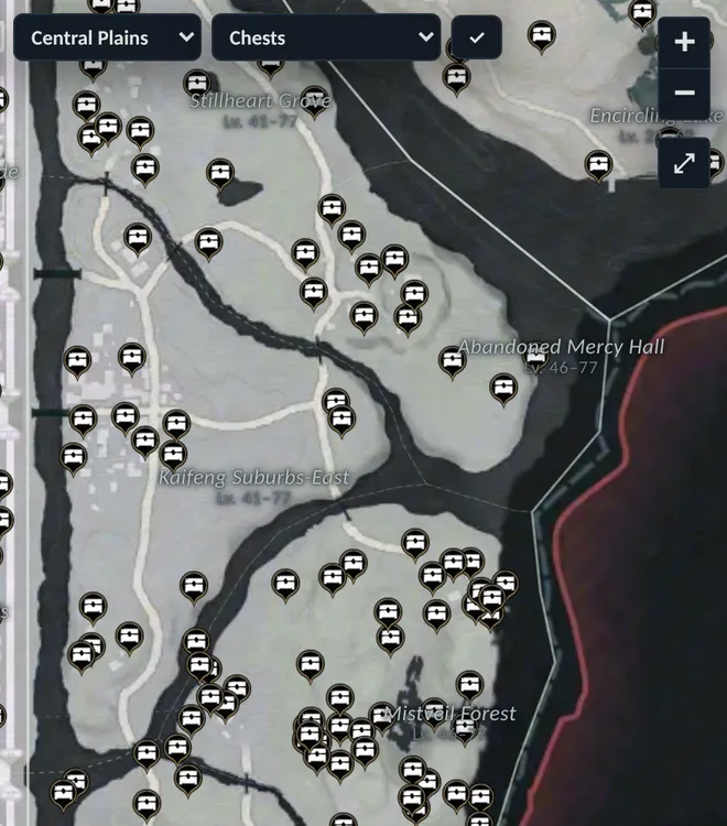 Floating mini-map showing the chests outside Kaifeng, with the map selector, the layer selector and the button to hide what you’ve found