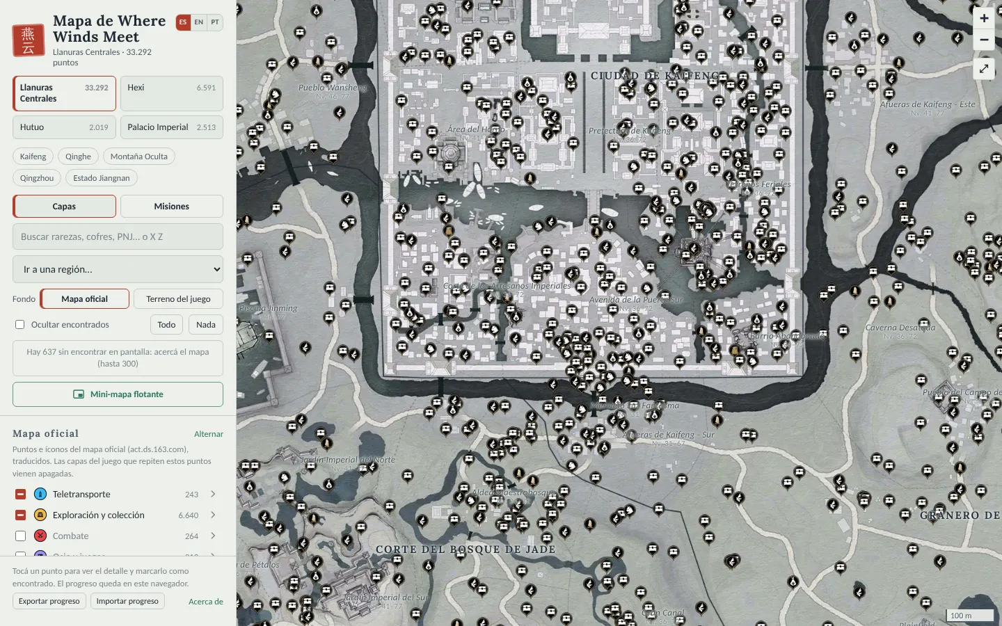 Mapa interactivo de Where Winds Meet en Kaifeng con rarezas, cofres, Miau Miau y Piedras del Límite